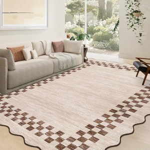 Area Rug Large Living Room Scalloped Rug Non Slip Low Pile Bedroom Throw Carpet Soft Modern Bordered Dining Room Rug Stain Resistant Boho Carpet - 1 of 4
