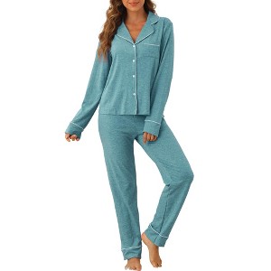 cheibear Women's Chest Pocket Long Sleeve Button Down Top with Pants Pajama Sets - 1 of 4