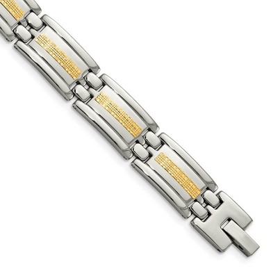 Black Bow Jewelry 12mm Stainless Steel & 14K Yellow Gold Inlay Link Bracelet, 8.75 Inch