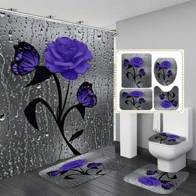 LunaLulinlk 4 Pcs Bathroom Shower Curtain Set Blue Rose Shower Curtain