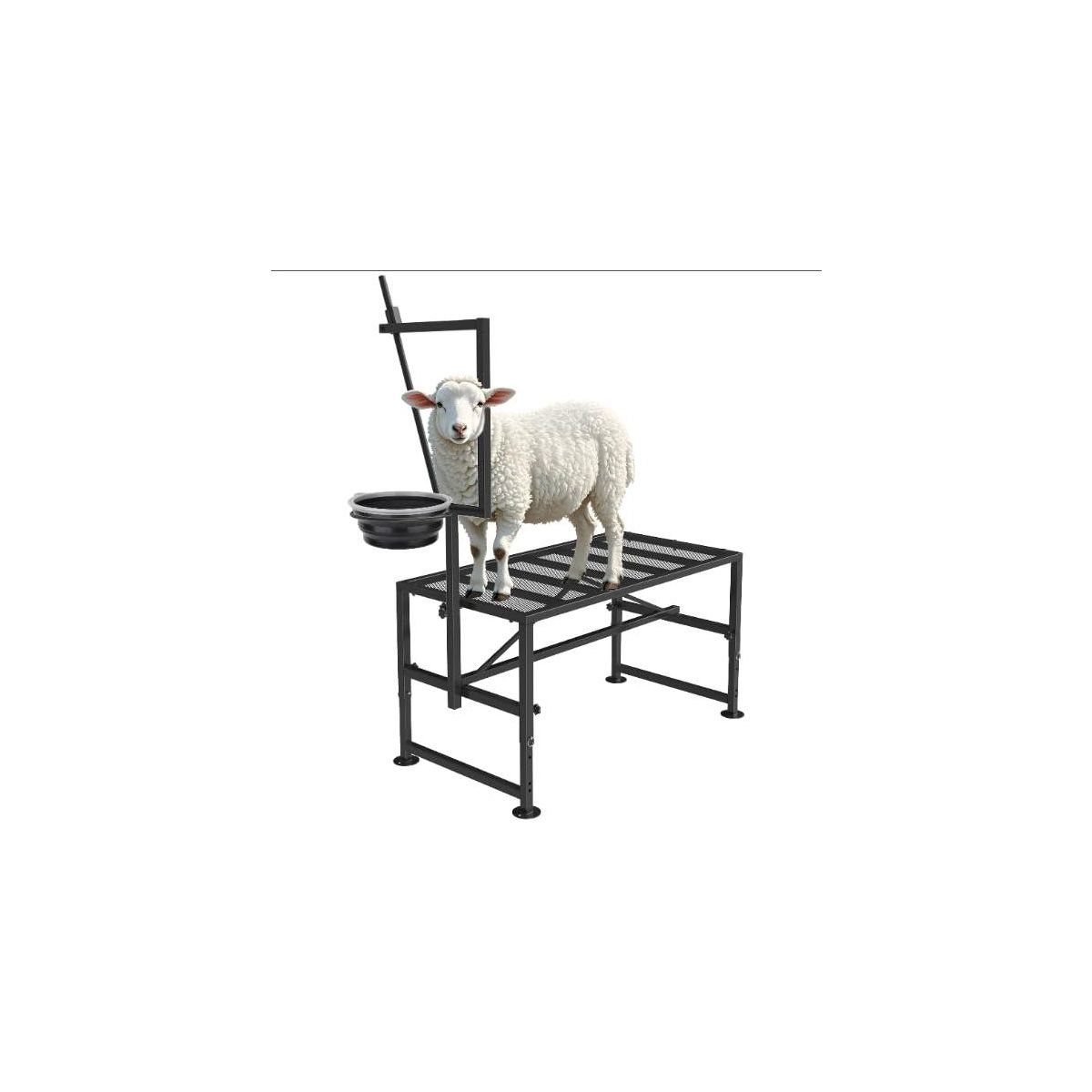 47in Adjustable Metal Goat Stand with Feeder, Heavy Duty 600 lb Capacity for Grooming Shearing and Milking
