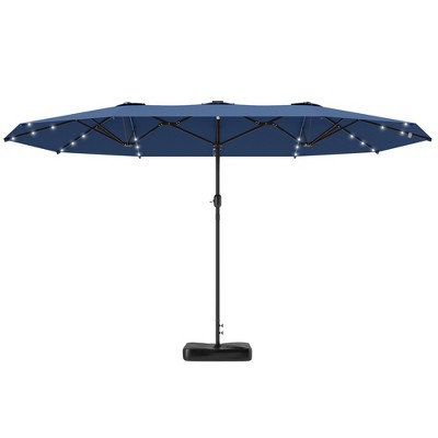 Garden Parasol 14.4ft Double-Sided Sun Umbrella with Base, Patio Parasol with LED Solar Lights