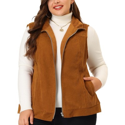 Agnes Orinda Women's Plus Size Corduroy Zipper Side Pocket Casual Sleeveless Fleece Vests