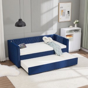 Velvet Daybed with Pop-up Trundle for Bedroom/Guest Room, Twin Size Sofa Beds Frame with USB Ports and Storage Pocket, No Box Spring Needed - 1 of 4