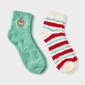 Women's Embroidered 2pk Cozy Ankle Socks - 1 of 3