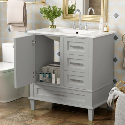 Bathroom Vanity with Sink Combo, Solid Wood Freestanding Cabinet with Drawers & Soft-Close Doors, Modern Storage Vanity Set-Maison Boucle