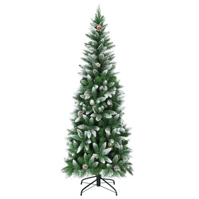 Green and White Flocked Pencil Artificial Christmas Tree with PVC Branches, Decorative Pine Cones, Hinged Metal Stand, Space-Saving Design