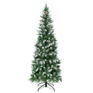 Green and White Flocked Pencil Artificial Christmas Tree with PVC Branches, Decorative Pine Cones, Hinged Metal Stand, Space-Saving Design - 1 of 4