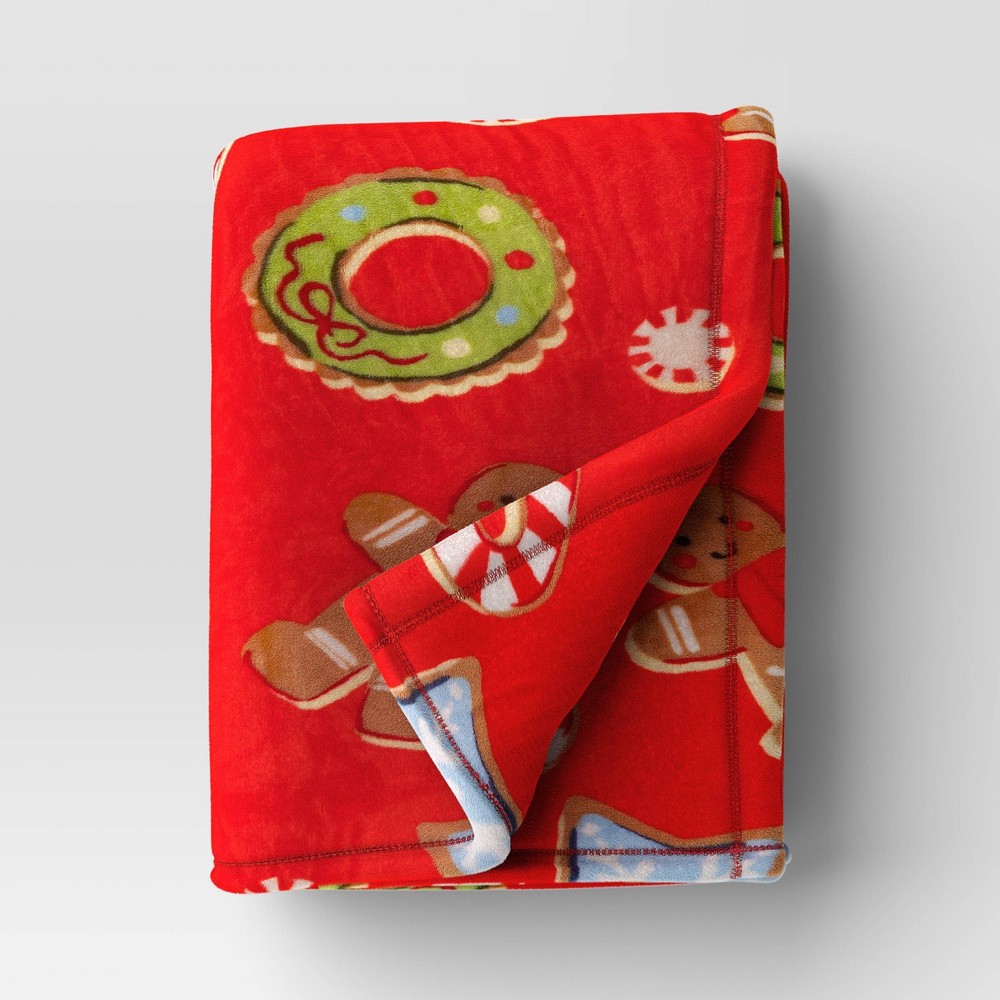 Photos - Duvet Christmas Cookie Printed Plush Throw Blanket Red - Wondershop™ Cookie Red