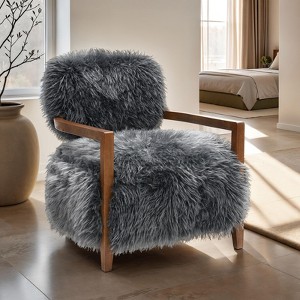 CAVINAS 28" Wide Yeti Accent Chair,Faux Fur Upholstered Lounge Chair with Walnut Wooden Arms,Tight Back & Seat,Armchair for Living Room, - 1 of 4