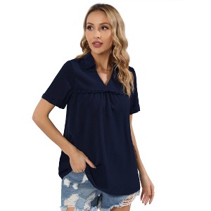 Coolmee Womens Casual Tops Dressy Short Sleeve lapel Collar V Neck Ruffle Shirts Business Work Blouses - 1 of 4