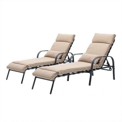 2pc Outdoor Adjustable Chaise Lounge Chairs With Cushions Tan