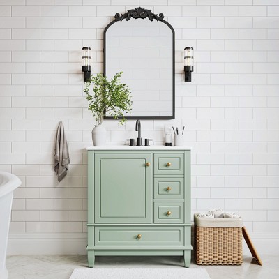 PexFix Light Green Bathroom Vanity Set with Arched Mirror 30 Inch Single Sink Vanity Cabinet with Soft-Close Doors & Drawers for Bathroom Storage
