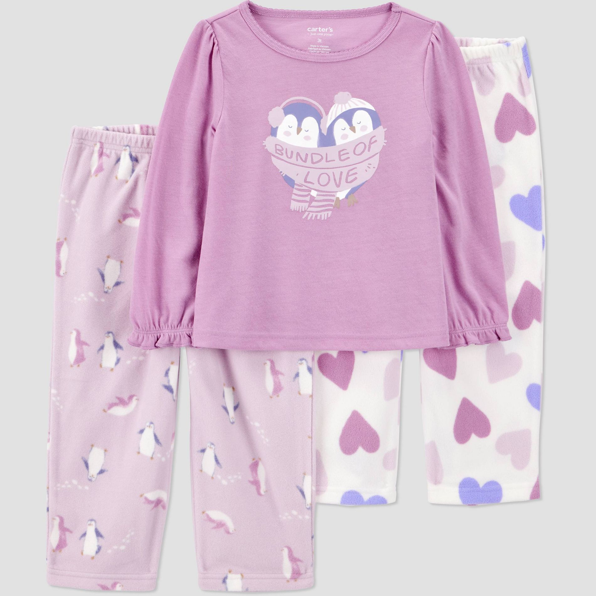 Carter's Just One You® Toddler Girls' 3pc Penguin Long Sleeve Poly Fleece Pajama Set - Purple/White 5T
