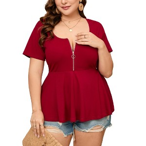 Women Plus Size Half Zipper T-Shirt Dressy Blouses Short Sleeve Babydoll Peplum Summer Tops - 1 of 4