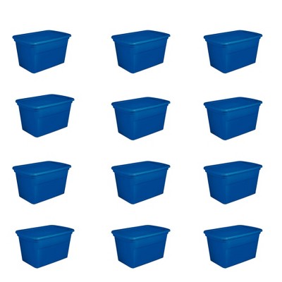 Sterilite 30 Gallon Plastic Stackable Storage Tote Container Box, Blue (12 Pack)