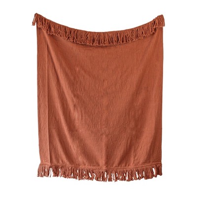 Hand Woven Rust Yarn Fringe Throw Blanket Cotton By Foreside Home