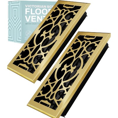 Home Intuition Victorian Floor Vent Cover 4X12 Inch with Mesh Cover Trap Heat and Air Walkable Metal Floor Vent for HVAC Duct, Polished Brass