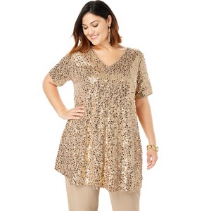 Roaman's Plus-Size 2 Piece S/S Sequin Top And Pant Set - 1 of 4