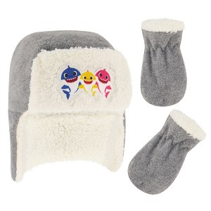 Baby Shark Boy’s Winter Beanie Hat and Mittens Set, Toddlers Ages 2-4 - Gray/White - 1 of 4