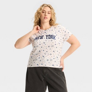 Women's New York Floral Pointelle Short Sleeve Graphic Baby T-Shirt - Off-White - 1 of 3