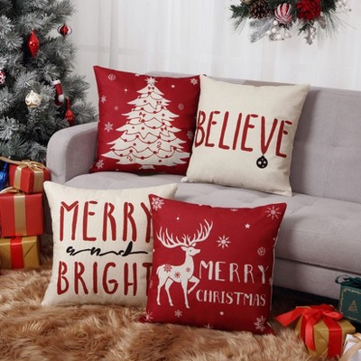 Christmas Pillow Covers 18x18 Inch Set of 4, Christmas Decorations Farmhouse Throw Pillow Cases Cotton Linen Xmas Cushion Covers