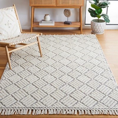 Ivory and Black Geometric Flat Woven Wool Rug, 3' x 5'