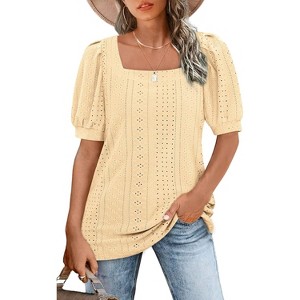 Imily Bela Womens Summer Square Neck Tunic Top Chic Short Sleeve Eyelet Tee Fit Style - 1 of 4