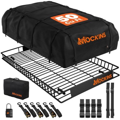 Mockins 90"x50"x6" XXL Roof Rack Basket with 50 Cubic Feet Rooftop Cargo Carrier Bag, Lock, Straps and Carry Bag - Black