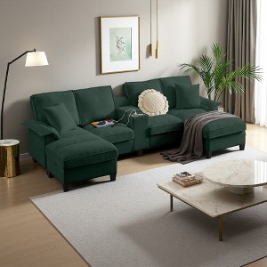120" Modular Corduroy U-Shaped Sectional Sofa Bed with Storage, 4-Seater, Cup Holders & Chaise Footrest - 1 of 4