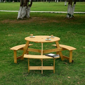 Racxily Outdoor 6 Person Picnic Table, 6 person Round Picnic Table with 3 Built-in Benches - 1 of 4