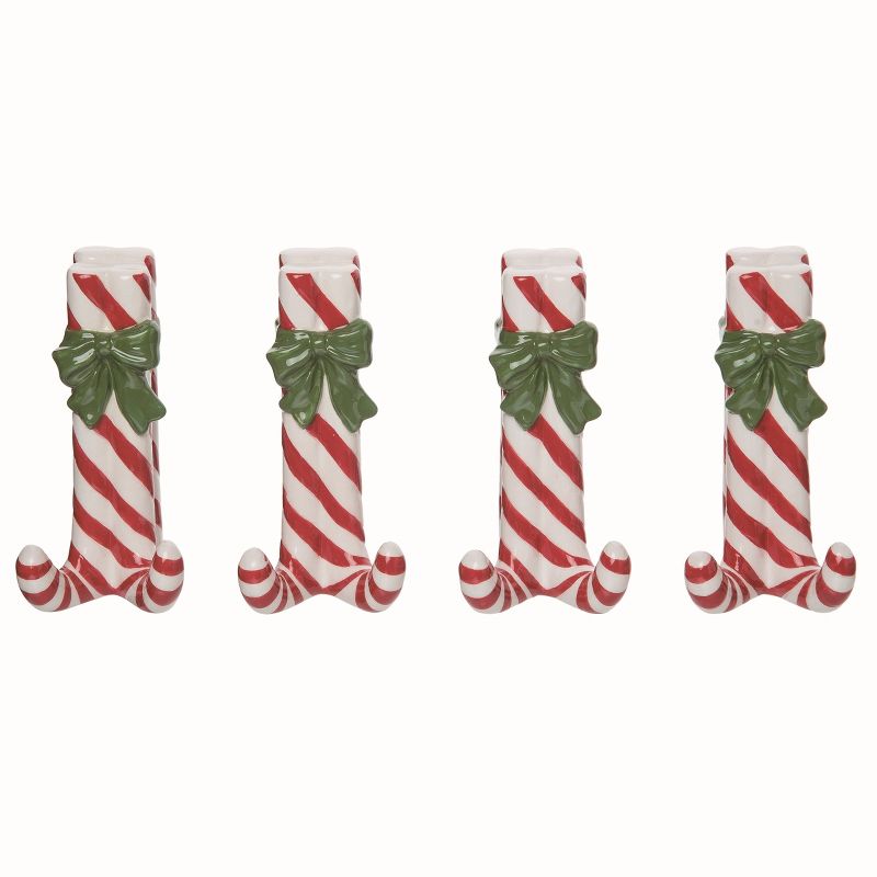 Transpac Ceramic White Christmas Peppermint Placecard Holders Set of 4, 1 of 2