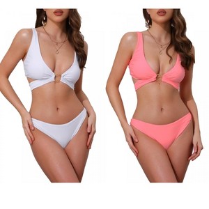 INSPIRE CHIC Women's Wide Strap O Ring Deep V Neck Tie Back Strappy Top Triangle Bottom Swimwear Bikini Suits 2 Sets - 1 of 4