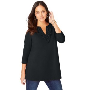 Jessica London Women's Plus Size Stretch Cotton Crochet Notch Neck Tunic - 1 of 4