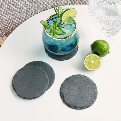 Black Slate Round Coasters with Velvet Backing, Set of 4