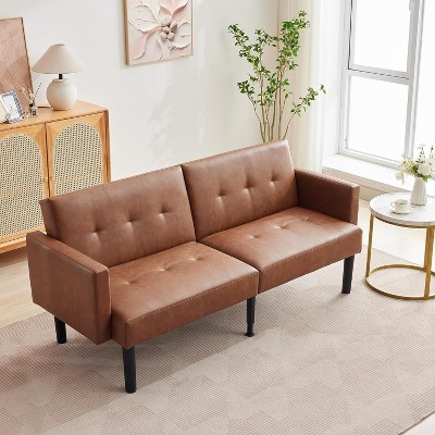 75.5” Convertible Futon Sofa Bed, PU Leather Small Couch Sofa with Wood Legs & 700lbs Capacity, Adjustable Folding Loveseat