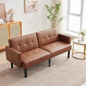 75.5” Convertible Futon Sofa Bed, PU Leather Small Couch Sofa with Wood Legs & 700lbs Capacity, Adjustable Folding Loveseat - 1 of 4