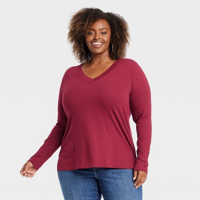 Women's Long Sleeve V-Neck T-Shirt - Ava & Viv™ Burgundy 3X