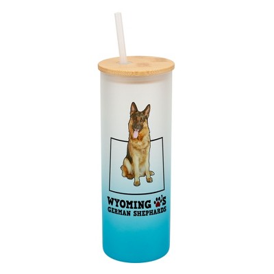 Elanze Designs The Cowboy State Wyoming Loves German Shepherds Sky Blue and White Ombre Frosted Glass Travel Tumbler with Straw and Wooden Lid, 25