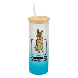 Elanze Designs The Cowboy State Wyoming Loves German Shepherds Sky Blue and White Ombre Frosted Glass Travel Tumbler with Straw and Wooden Lid, 25 - 1 of 4