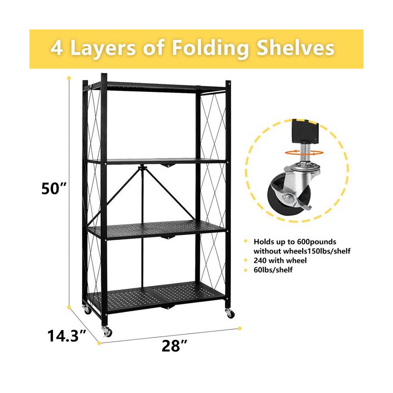 SUGIFT 4-Tier Storage Shelf Foldable Metal Shelving Units with Wheels, Black, 4 of 8