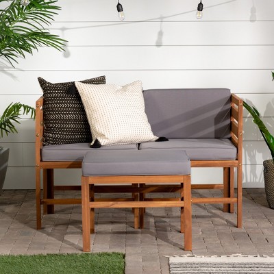 Nertpow Contemporary 3-Piece Modular Acacia Wood Patio Set with Left & Right Arm Chairs and Ottoman ¨C Brown