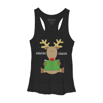 Women's Design By Humans Christmas Reading Reindeer Shirt By Galvanized Racerback Tank Top