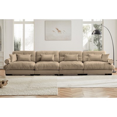 Aukfa Camel Velvet Large  Sofa with Bolster Armrests, Waist & Throw Pillows – Modern Couch for Living Room, Bedroom or Office
