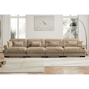 Aukfa Camel Velvet Large  Sofa with Bolster Armrests, Waist & Throw Pillows – Modern Couch for Living Room, Bedroom or Office - 1 of 4