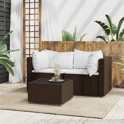VidaXL 3 Piece Patio Lounge Set with Cushions Brown Poly Rattan