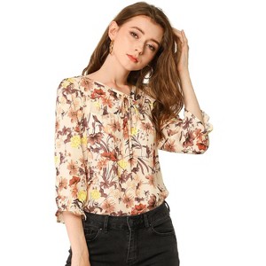 Allegra K Women's Floral Bow Tie Neck Vintage 3/4 Sleeve Blouse - 1 of 4