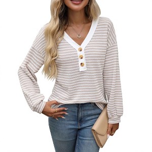 Women's V - Neck Button - Front Striped Waffle Knit Top, Color - Block Long - Sleeve Casual Shirt with Hollow - Out Texture - 1 of 4