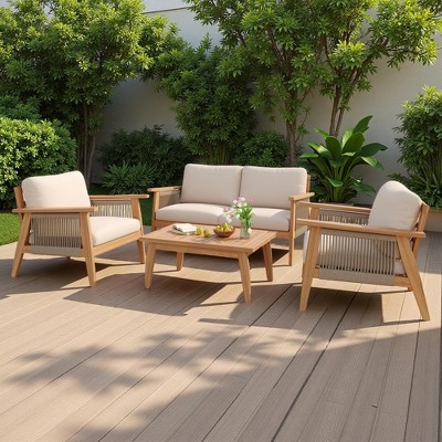 4-Piece Outdoor Patio Acacia Wood Rope Weave Conversation Sofa Set with Coffee Table and 2 Armchairs
