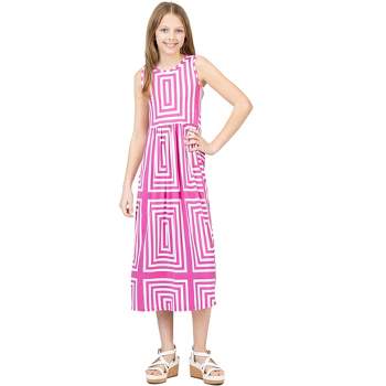24sevenkid Girls Pink Geometric Print Sleeveless Pocket Maxi Dress